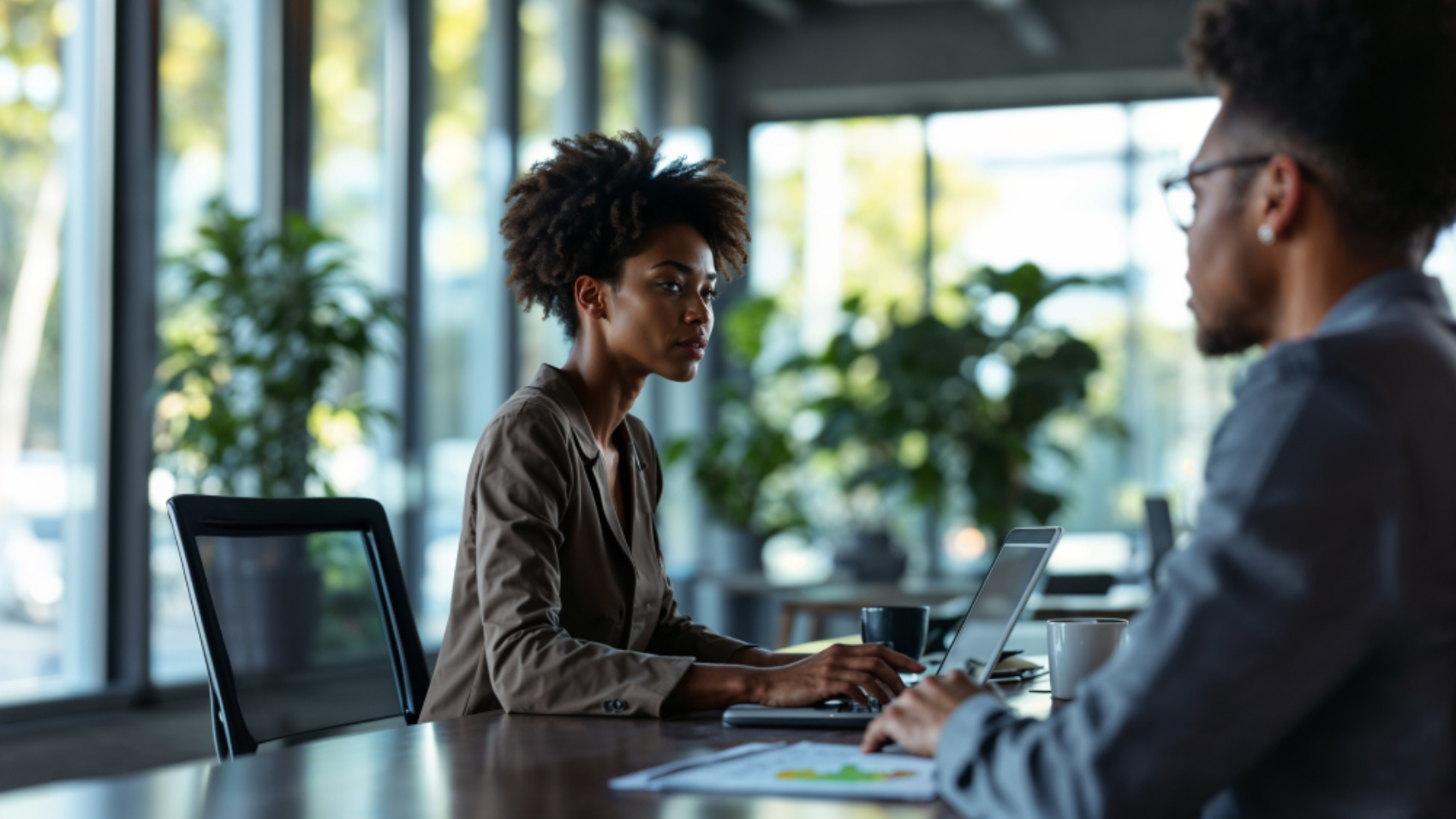 Profissionais de diferentes origens colaborando em reunião de trabalho para fortalecer a comunicação interna entre equipes multilíngues.