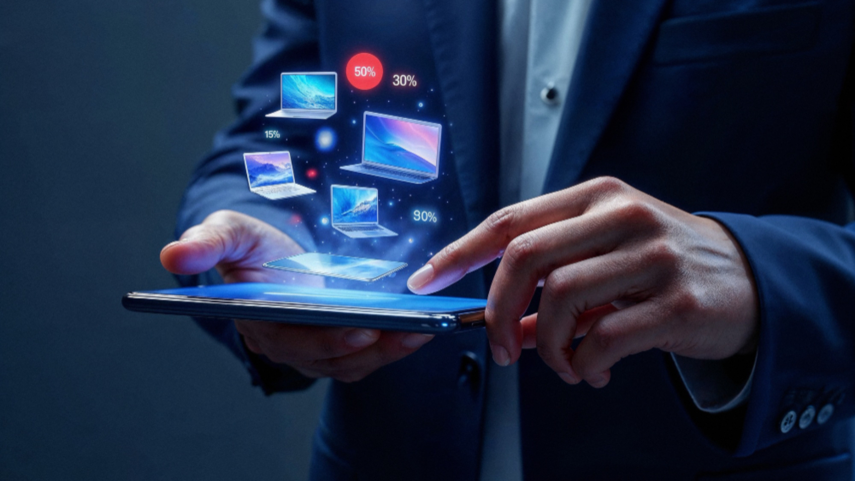 Profissional utilizando tablet para acessar e gerenciar aplicações em marketplace corporativo integrado ao ambiente digital da empresa.