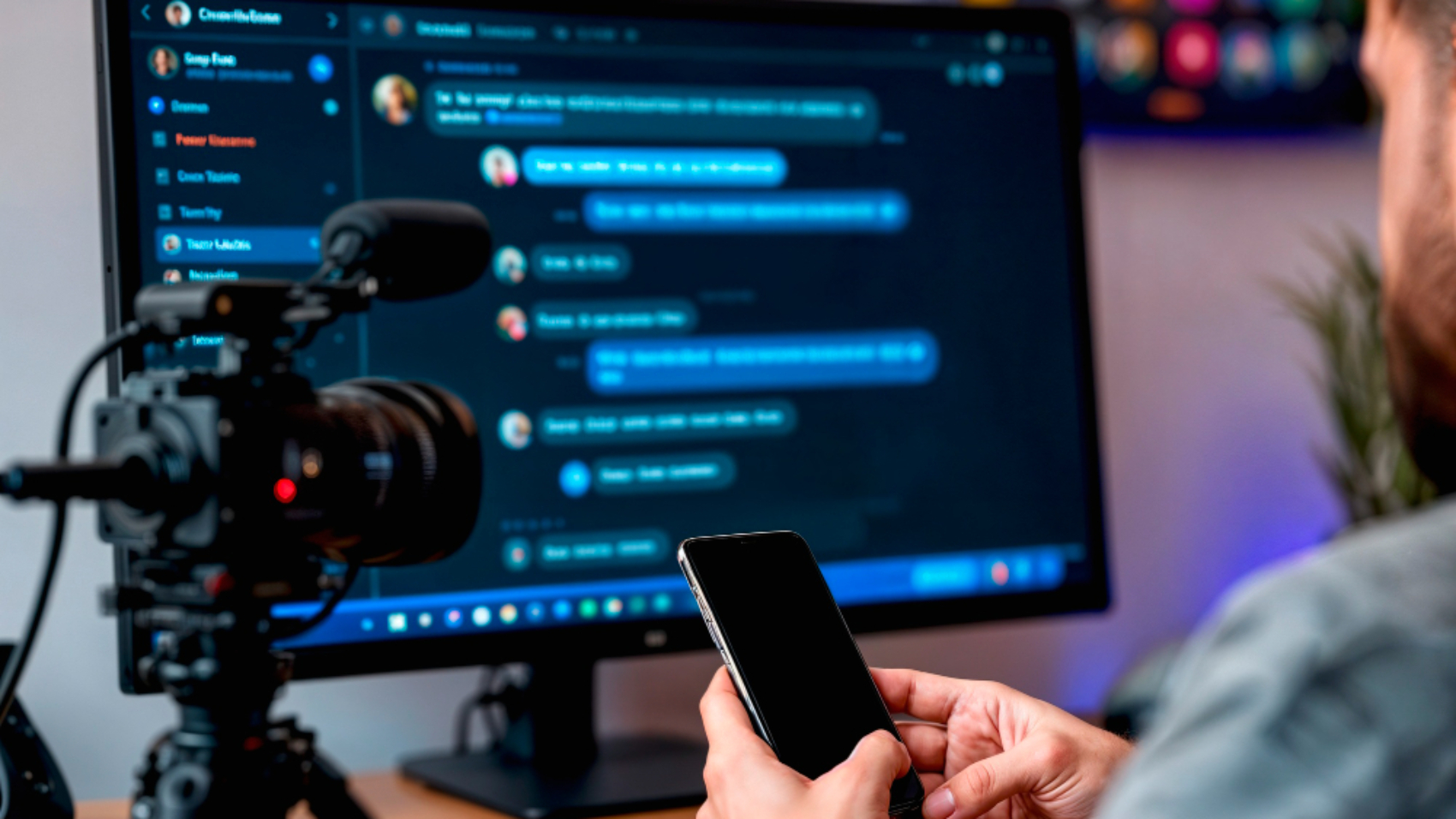 Profissional utilizando smartphone enquanto avalia plataforma de comunicação interna integrada a diferentes sistemas e dispositivos.