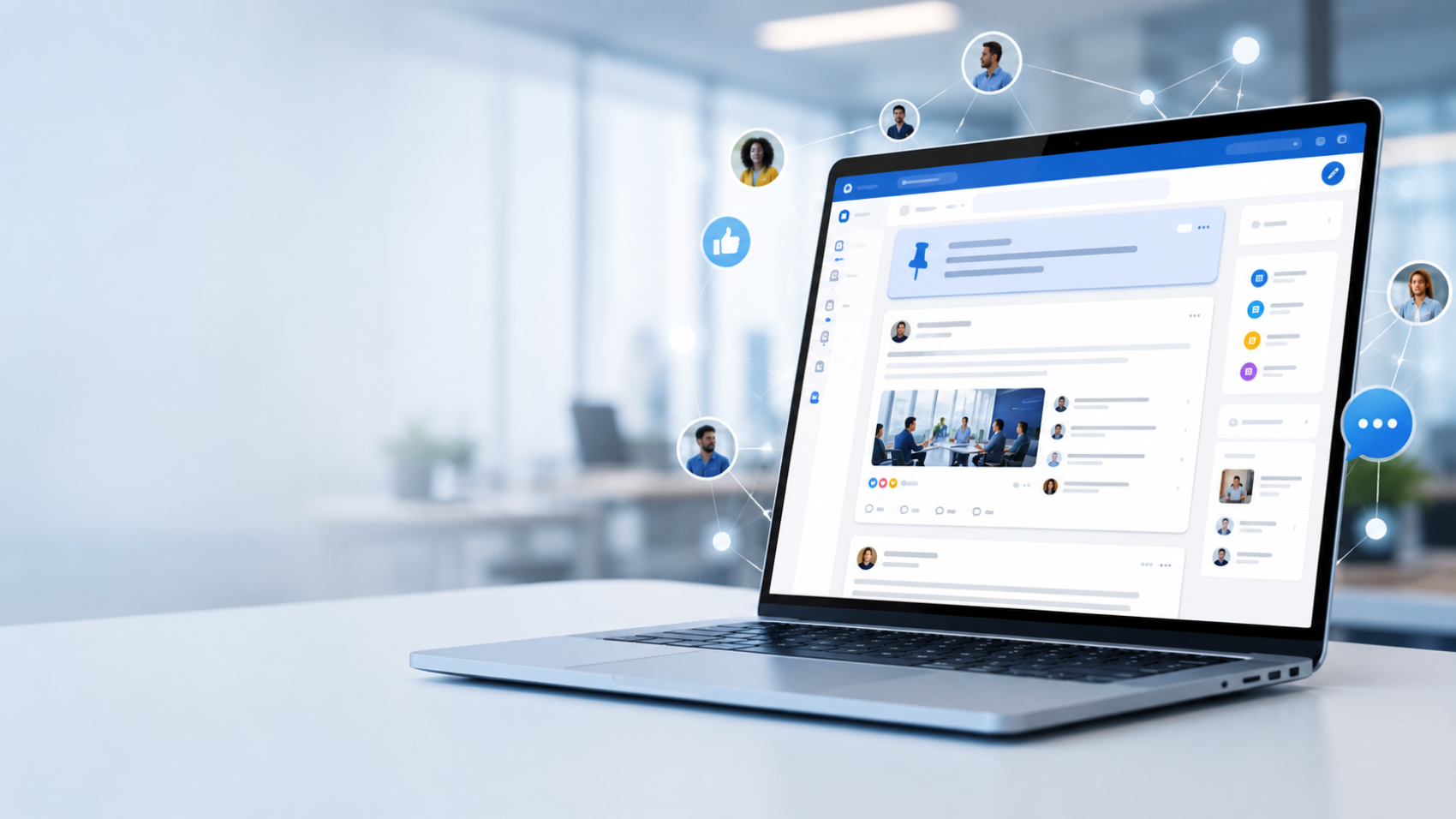 Interface de rede social corporativa exibida em notebook, conectando colaboradores e centralizando a comunicação interna da empresa.