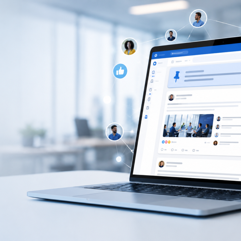 Interface de rede social corporativa exibida em notebook, conectando colaboradores e centralizando a comunicação interna da empresa.