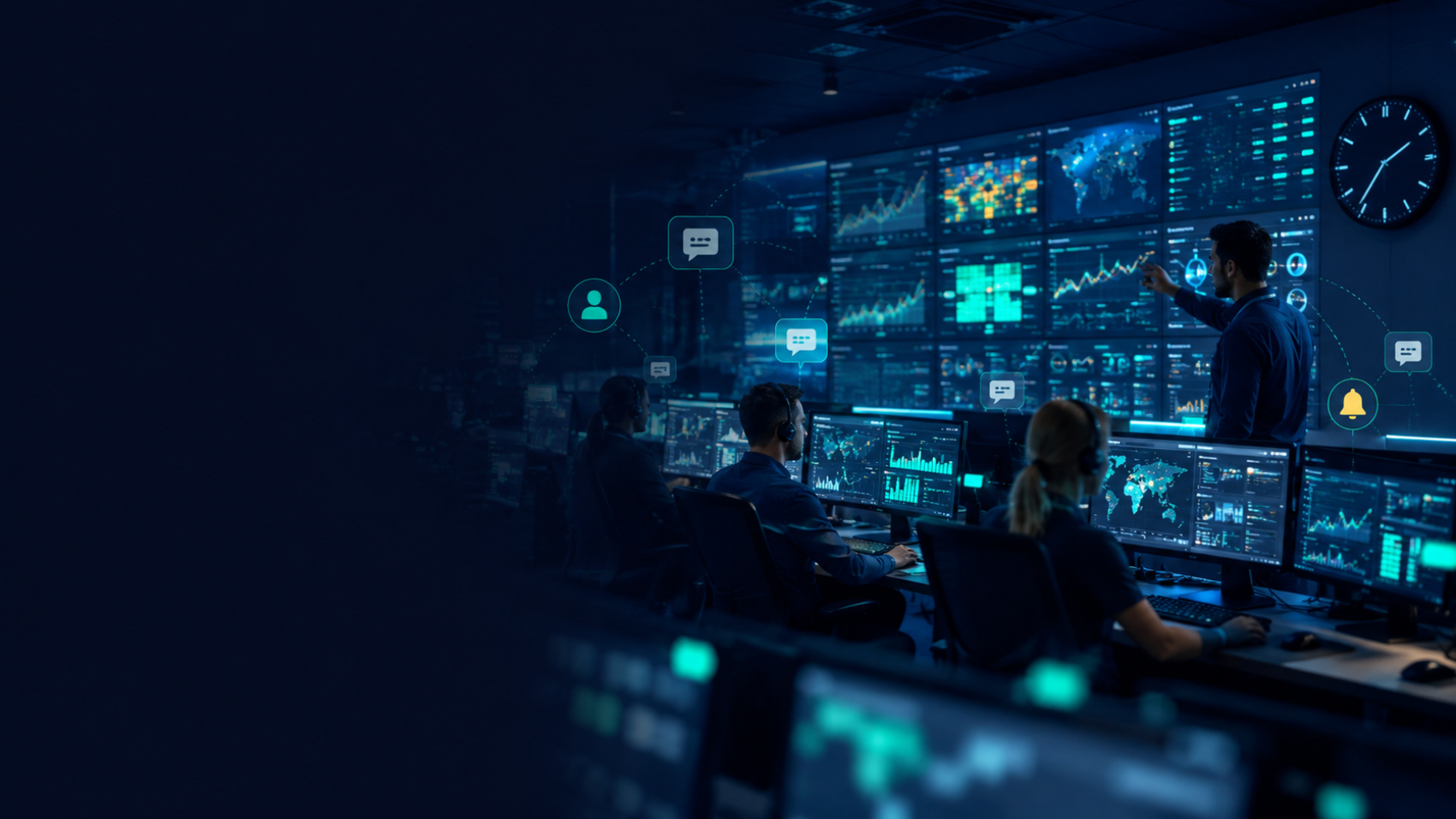 Equipe monitorando operações em centro de controle 24x7 com painéis em tempo real para garantir comunicação interna contínua entre turnos.