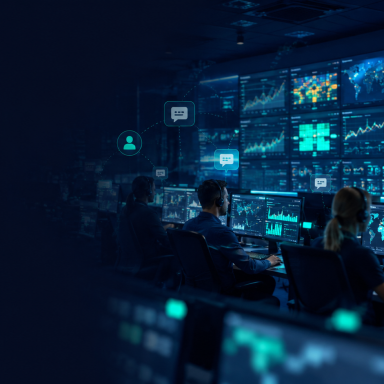 Equipe monitorando operações em centro de controle 24x7 com painéis em tempo real para garantir comunicação interna contínua entre turnos.