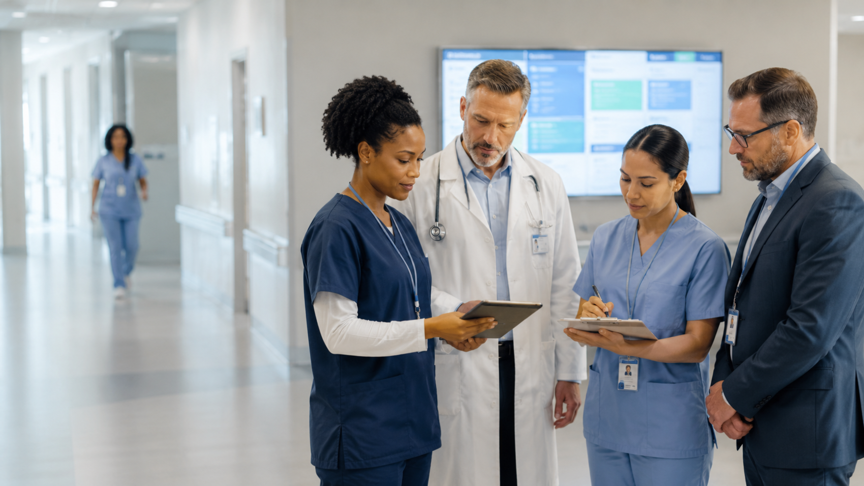 Equipe multiprofissional de saúde reunida em corredor hospitalar utilizando dispositivos digitais para alinhar informações e fortalecer a comunicação interna entre plantões e turnos.