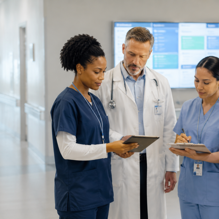Equipe multiprofissional de saúde reunida em corredor hospitalar utilizando dispositivos digitais para alinhar informações e fortalecer a comunicação interna entre plantões e turnos.