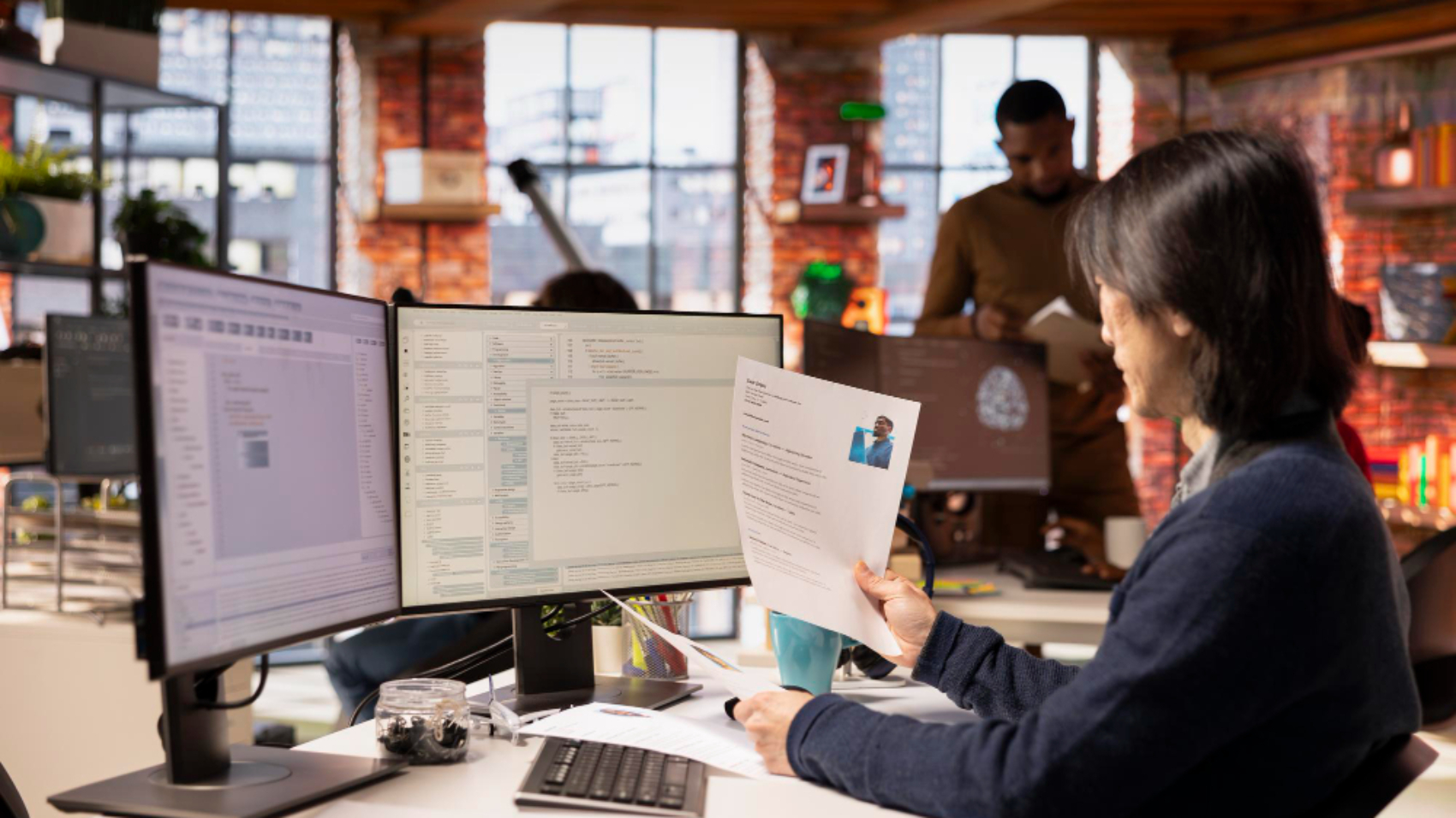 Profissional analisando documentos e informações em uma estação de trabalho com múltiplos monitores, comparando soluções de intranet em um ambiente corporativo moderno.
