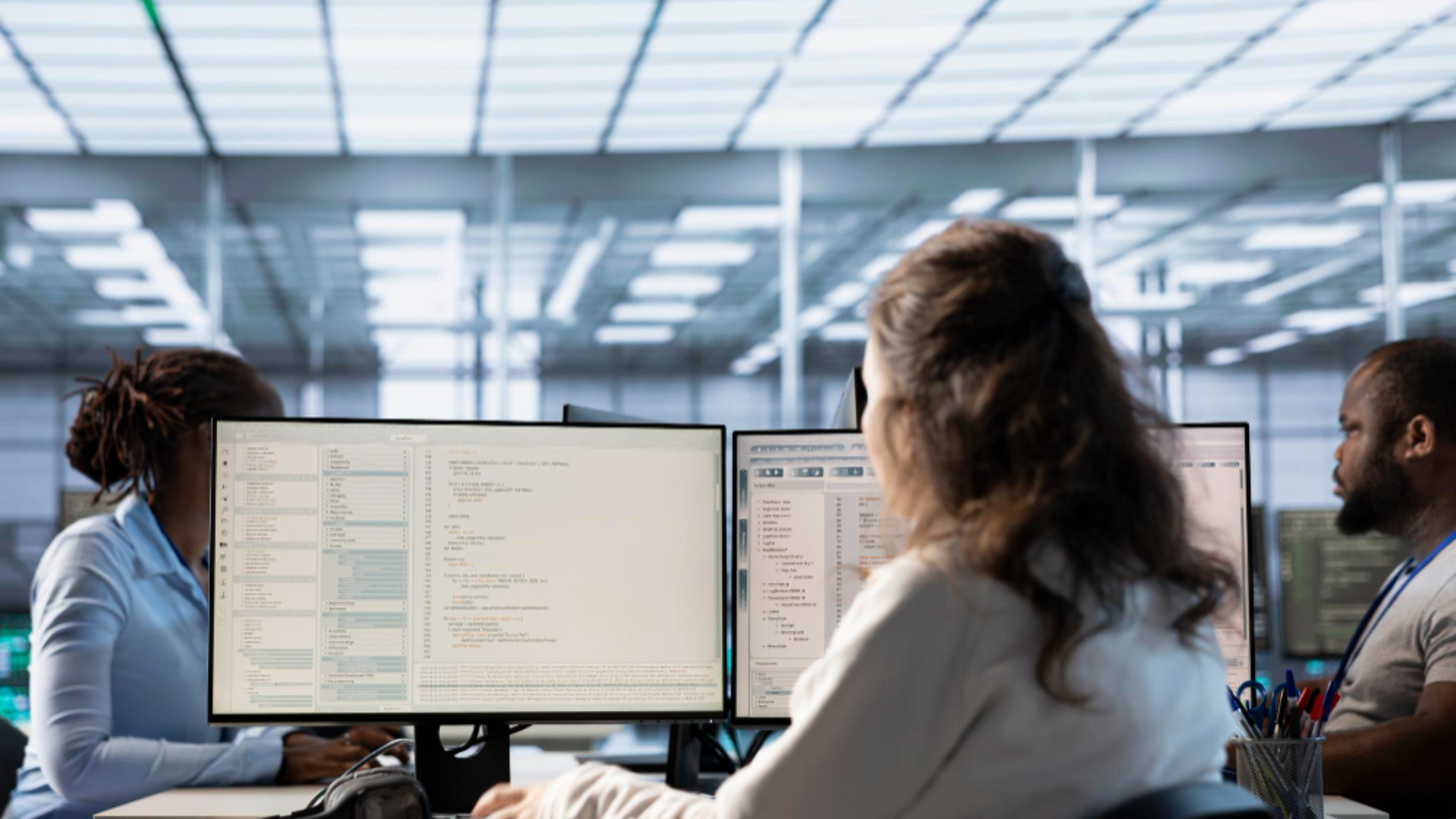 Equipe trabalhando em estações com múltiplos monitores em um escritório moderno, representando a centralização da gestão e da comunicação em uma intranet para holding com diversas unidades.
