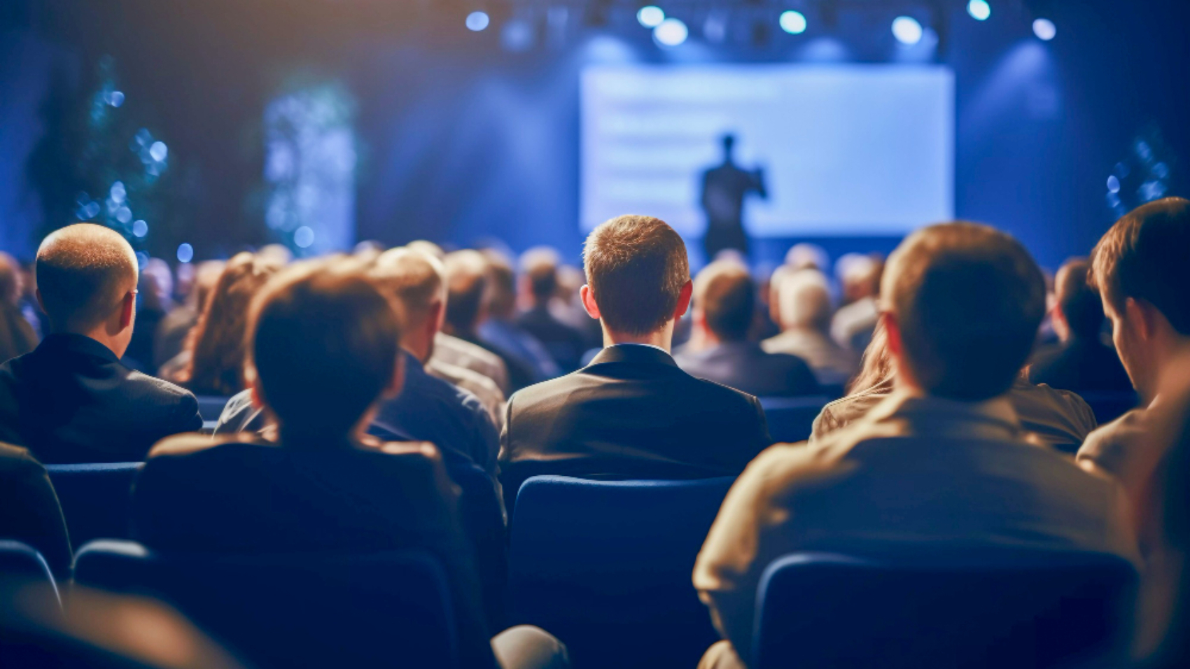 Auditório com colaboradores assistindo a uma apresentação em um evento corporativo, representando estratégias de comunicação interna para engajar o público antes, durante e após o evento.