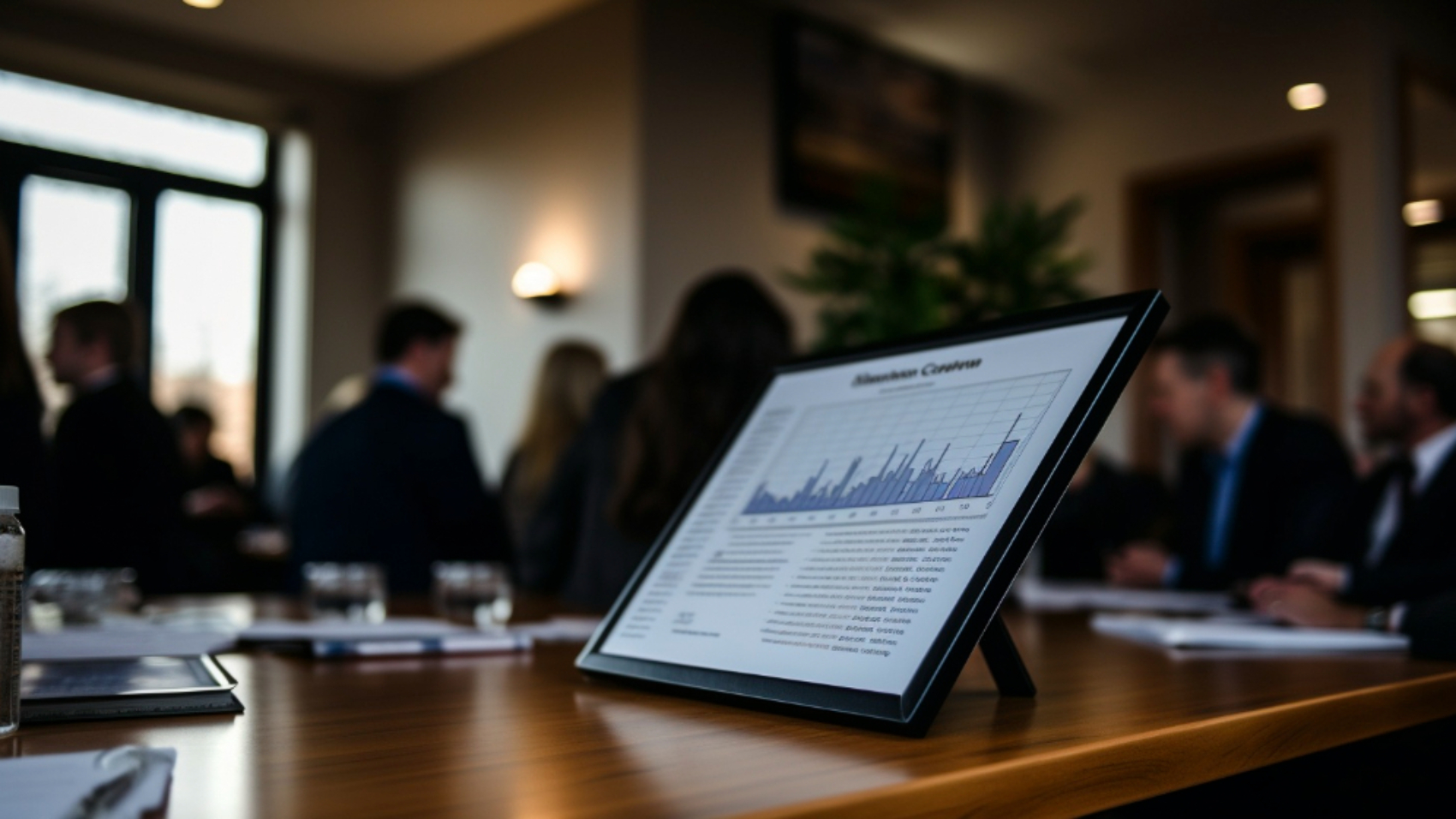 Painel com gráfico de desempenho exibido sobre a mesa de uma sala de reuniões, enquanto executivos discutem resultados ao fundo, representando o monitoramento de métricas de comunicação interna em tempo real.