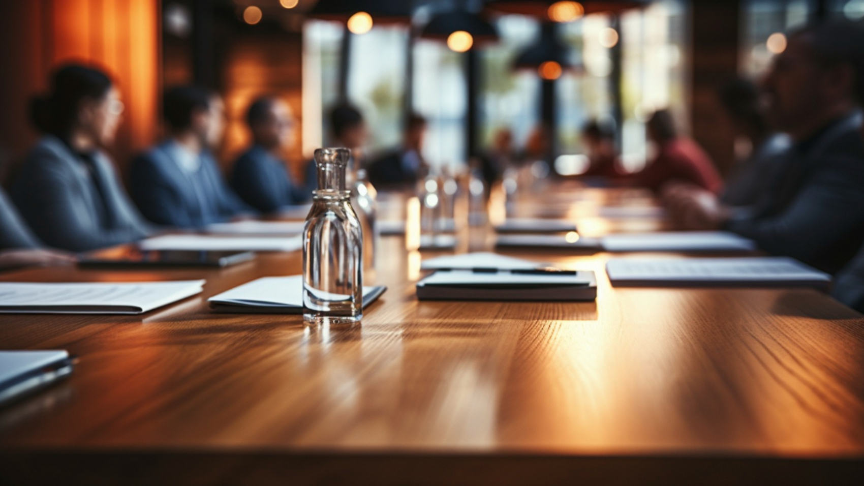 Mesa de reunião corporativa com documentos e cadernos em primeiro plano, enquanto executivos participam de uma apresentação desfocada ao fundo, representando comunicação estratégica com a diretoria.