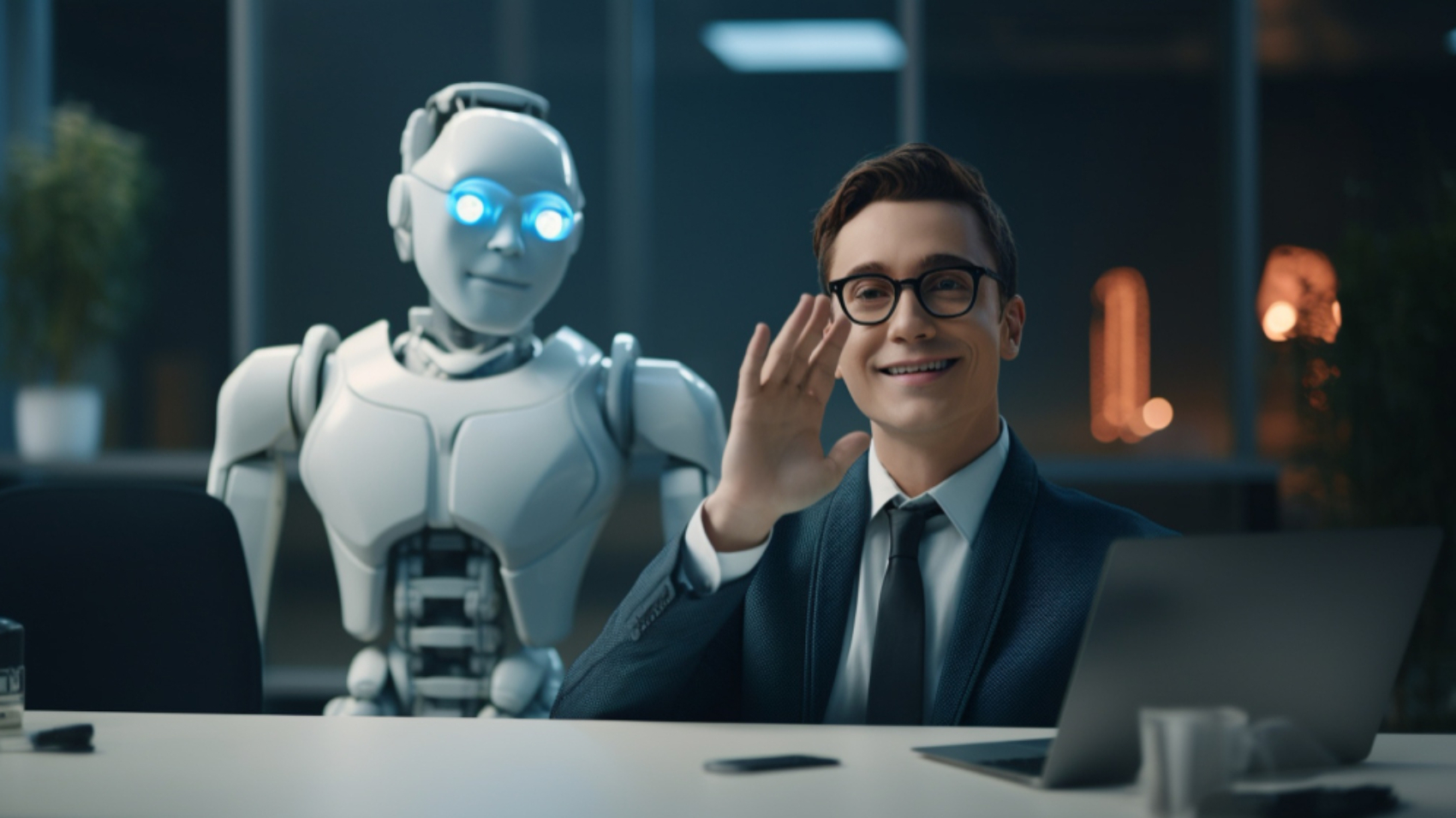 Profissional interagindo com assistente de inteligência artificial no ambiente corporativo para apoiar a comunicação interna e o atendimento aos colaboradores.