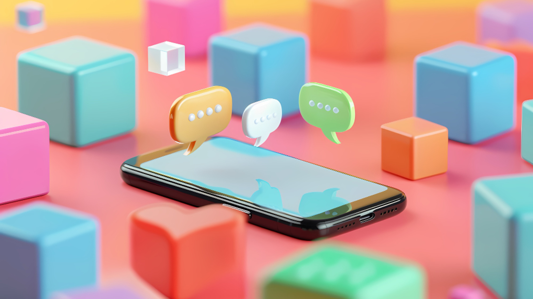 Ilustração 3D de smartphone com balões de conversa flutuantes e elementos gráficos coloridos, representando um aplicativo de comunicação interna para conectar equipes de campo sem e-mail corporativo.