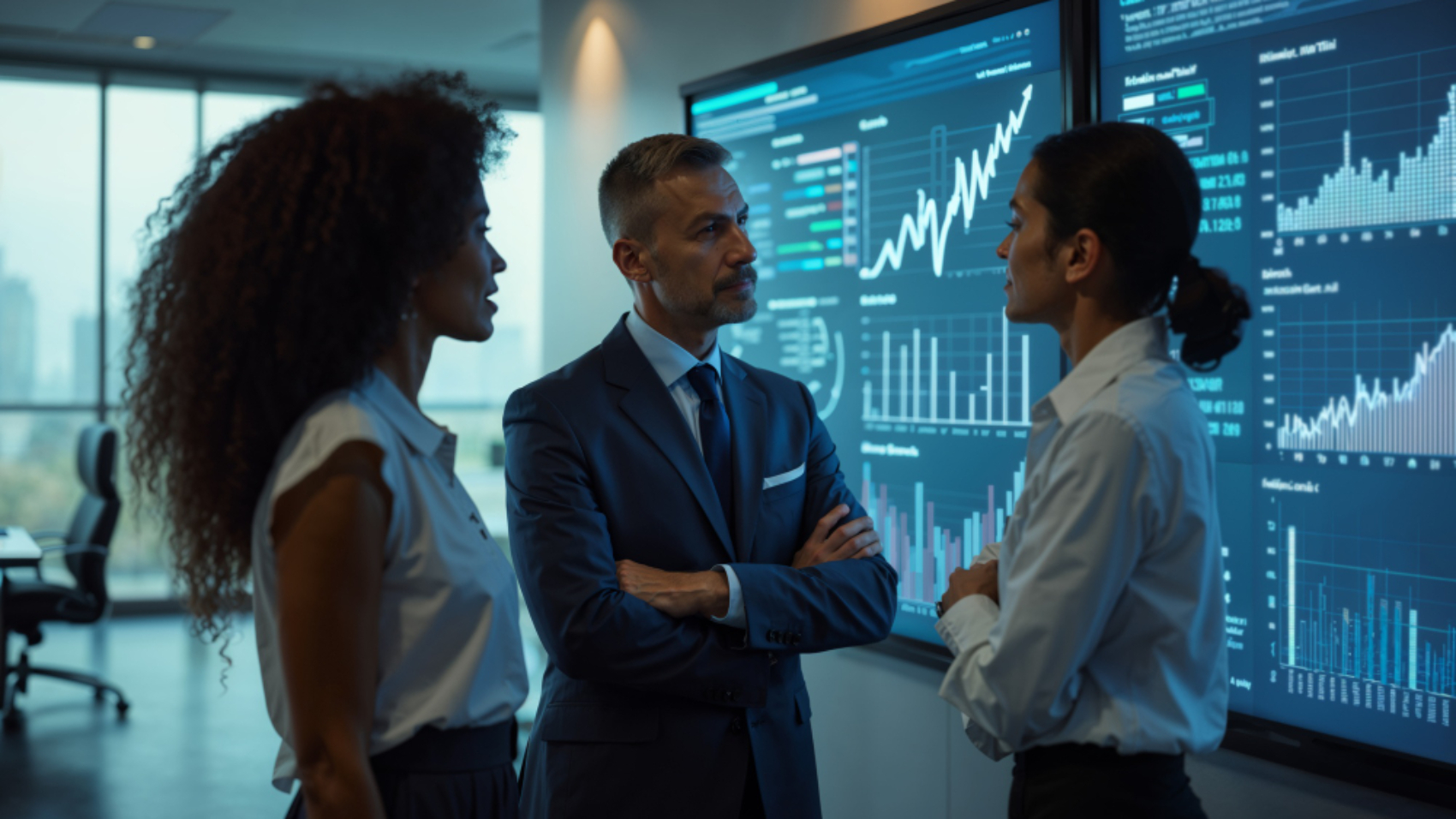 Gestores analisando indicadores em painel corporativo para alinhar a comunicação interna entre empresas de um mesmo grupo empresarial.