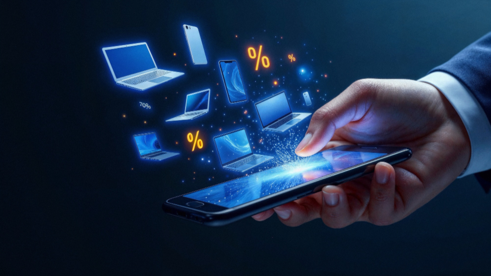 Mão segurando um smartphone com ícones holográficos de notebooks, celulares e símbolos de integração flutuando acima da tela, representando um marketplace de aplicações para intranet corporativa.
