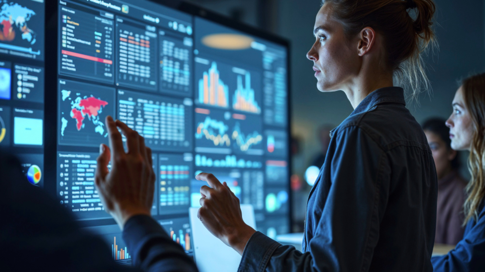 Profissionais analisando dashboards e indicadores em tempo real para orientar decisões estratégicas baseadas em dados na comunicação interna.
