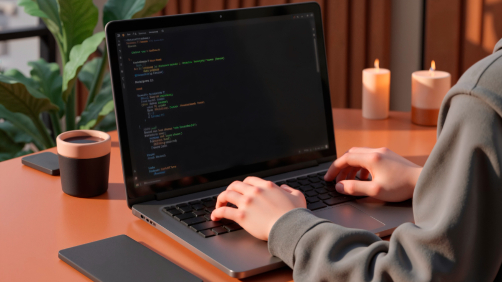 Profissional utilizando um notebook com código em tela, representando o desenvolvimento de uma intranet personalizada e a comparação entre soluções no-code e sob medida.