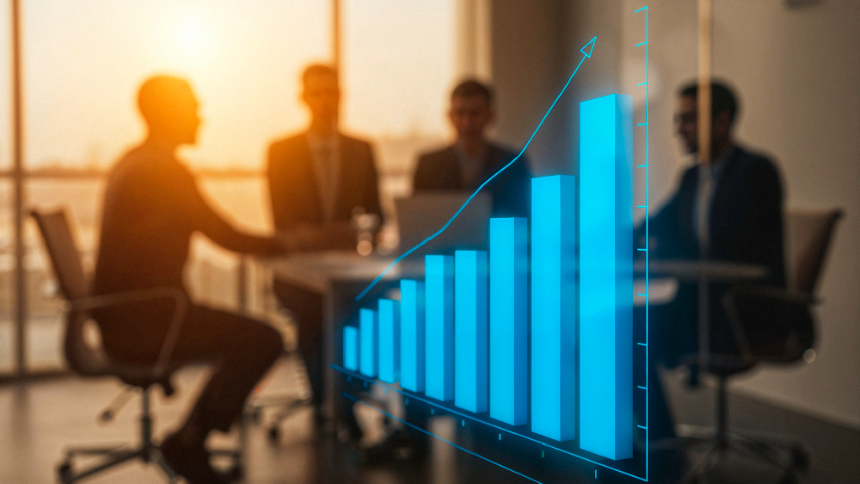 Gráfico de barras em crescimento sobreposto a uma reunião de executivos, representando análise de indicadores, desempenho e retorno sobre o investimento em comunicação interna.