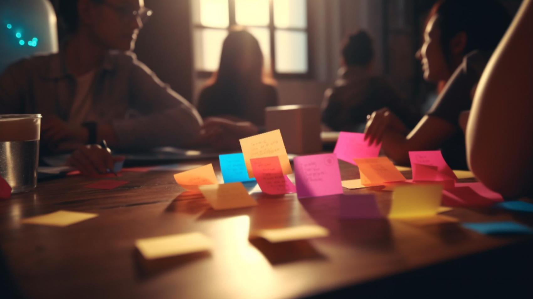 Mesa de reunião com post-its coloridos em destaque, enquanto colaboradores discutem estratégias ao fundo, representando análise de tendências e benchmarking em comunicação interna.
